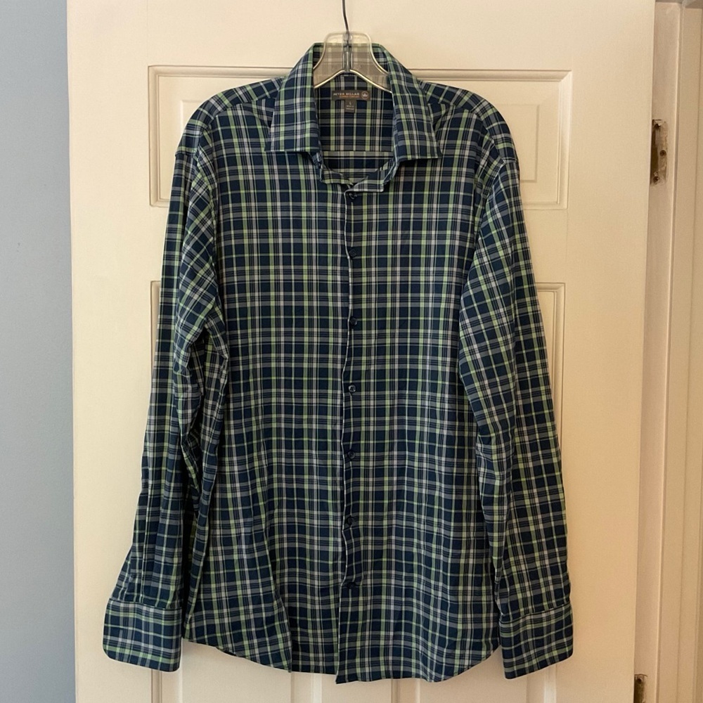 Peter‎ Millar Summer Comfort Men's Button Up Shirt Blue Plaid Long Sleeve Size L